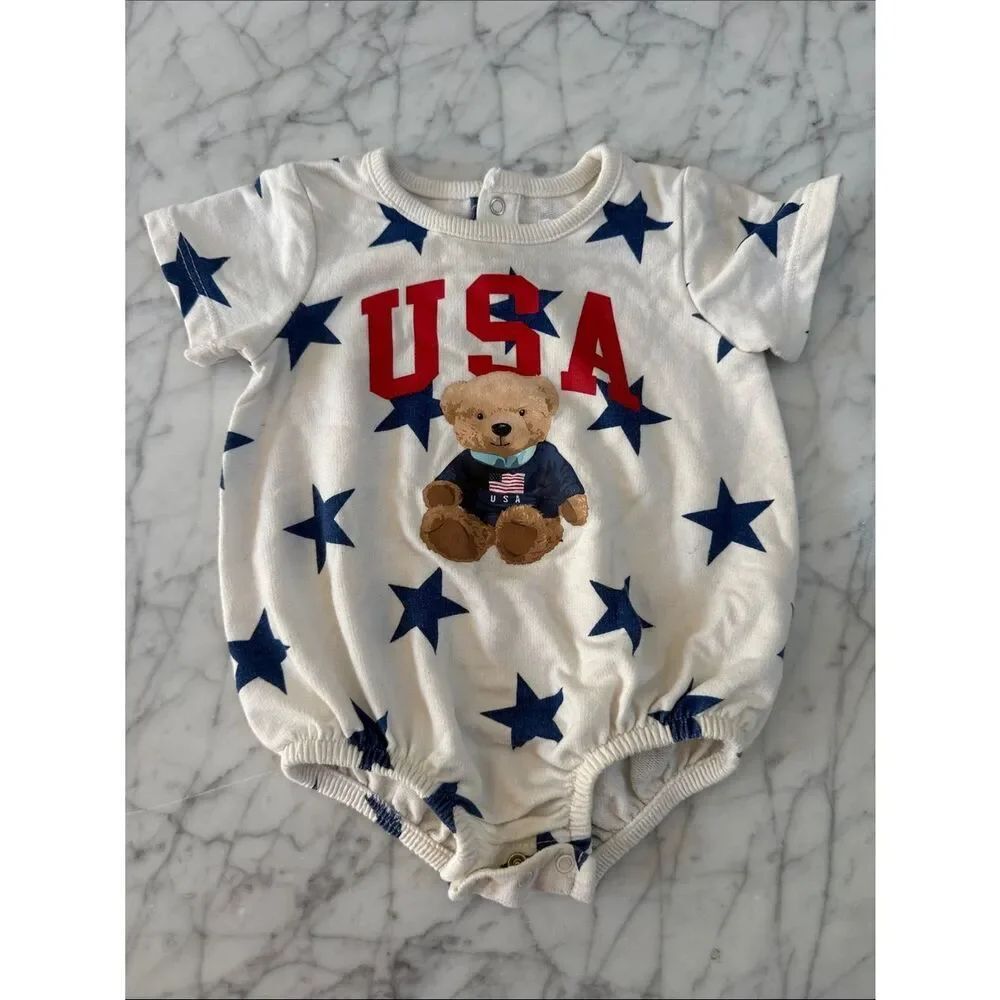 USA Bear Star Print Baby Romper Red, Navy & White Sz 3-6 Mo